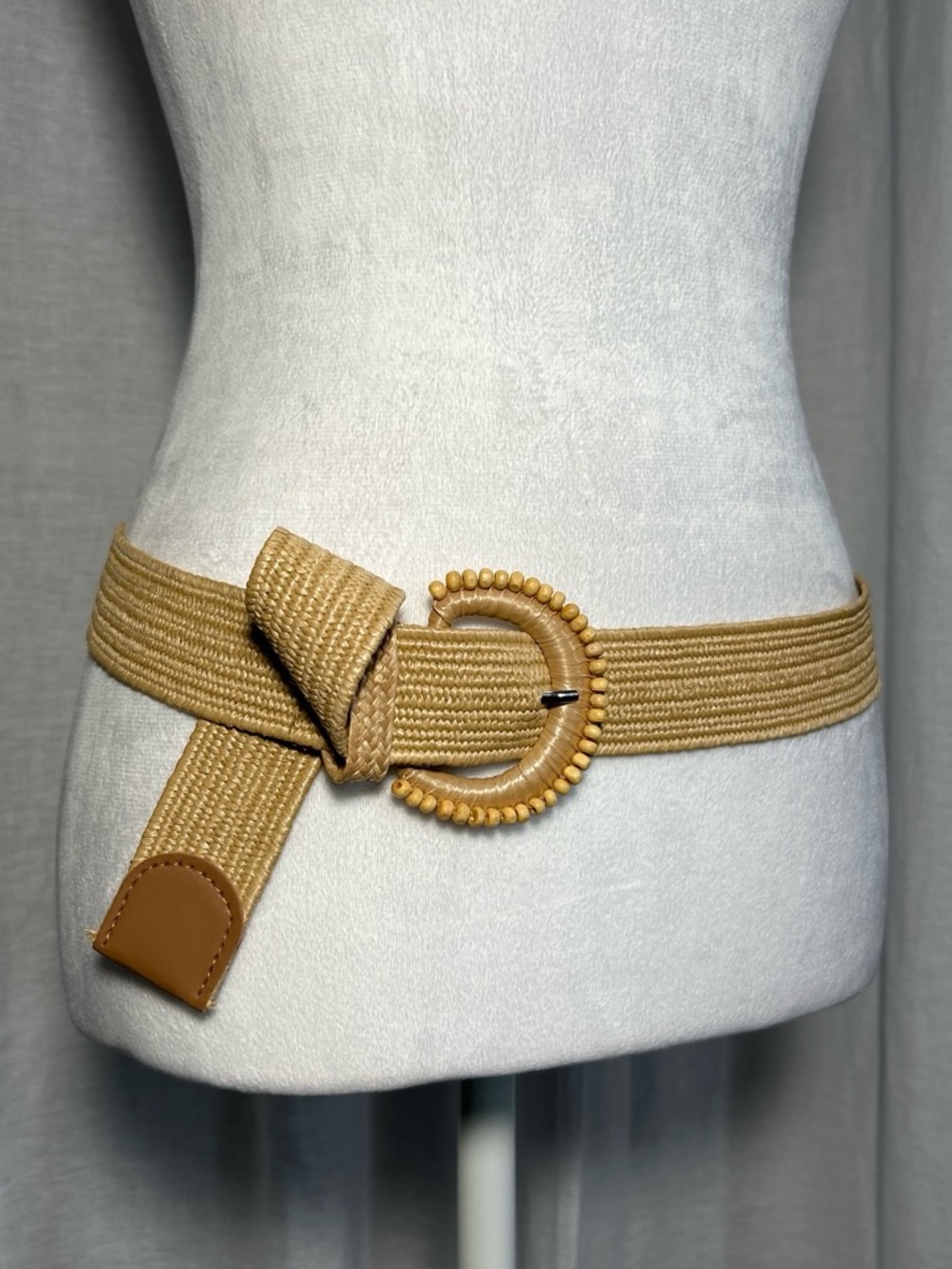 Tan Woven Straw Belt with Beaded Round Buckle - Women Accessories